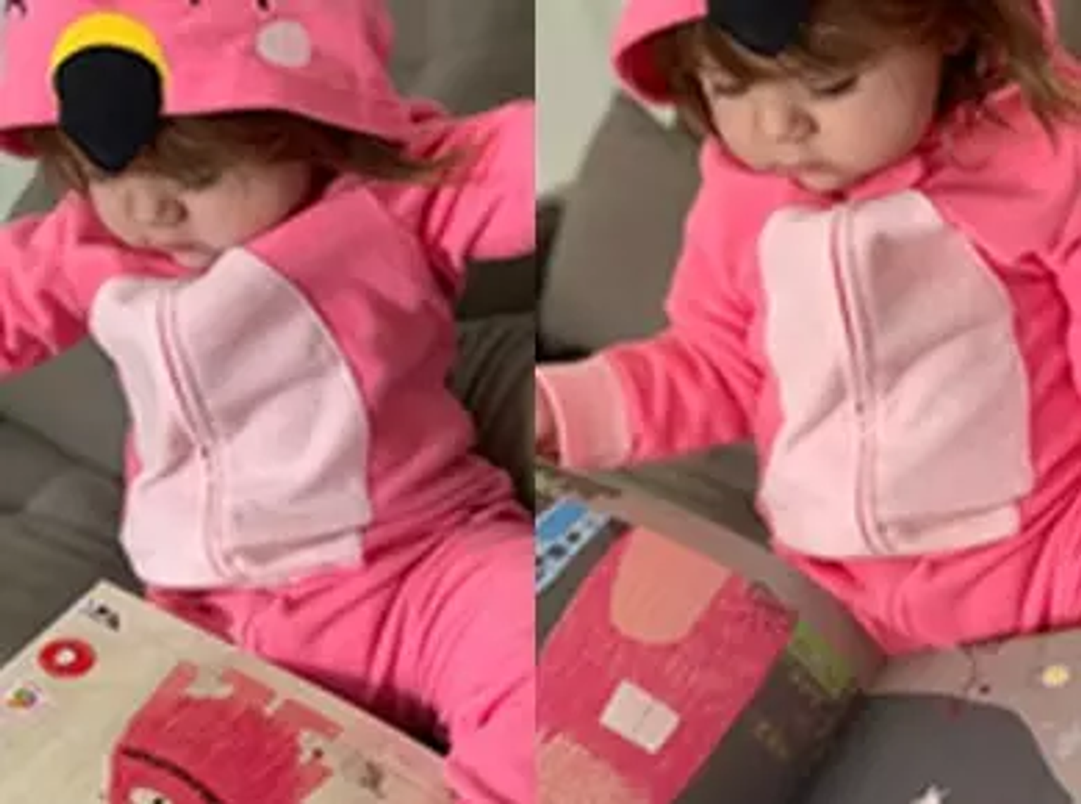 Foto contendo uma bebe lendo um livro