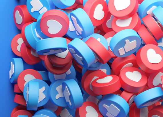 Ilustração de vários símbolos de curtidas e corações de redes sociais jogados em um recipiente.