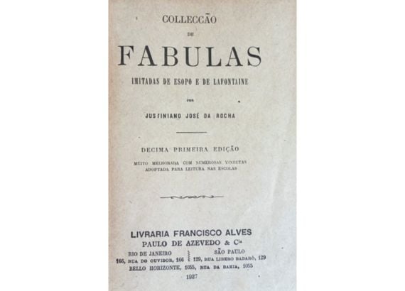 Adaptacoes de fabulas por Justiniano Jose da Rocha e Paula Brito folhas de rosto Colecoes de Fabulas