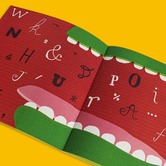 Livro ilustrado uma mistura entre palavras, imagens e objeto. Imagem do livro "Bocas", de Dipacho